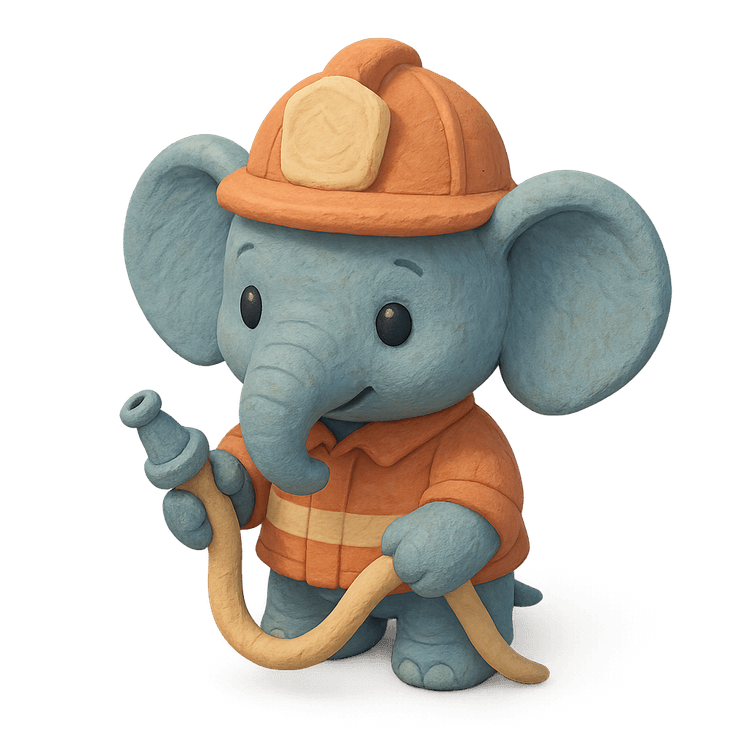 Isometric clay-style NPC of a baby elephant firefighter holding a hose — handcrafted 3D cartoon character for puzzle games, soft textures and playful mood.