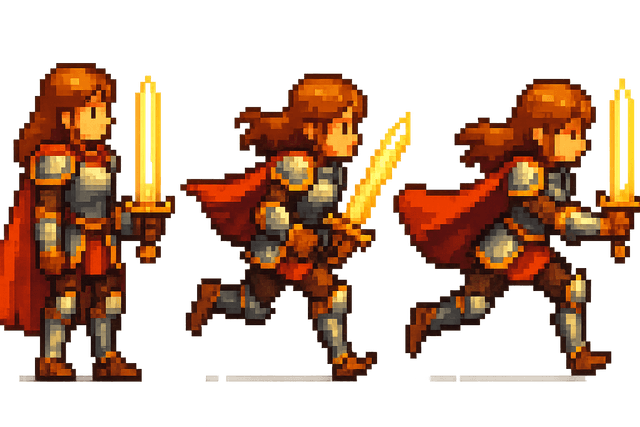 A pixel art sprite sheet of a brave female knight in three dynamic side-scroller poses: standing still, running forward, and attacking. She wears silver armor with gold accents and a flowing crimson cape, wielding a glowing sword. Rendered in a warm and vibrant palette, the character is richly detailed with a classic medieval flair, perfect for use in retro-style platformers or adventure games.