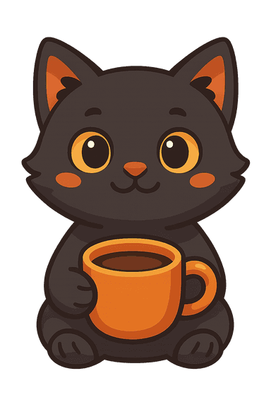 A soft black cartoon kitten sitting front-facing, sipping coffee from a small mug. Styled in flat vector art with warm, vibrant colors and a playful, friendly expression.