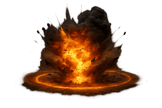 Realistic 3/4 view of a chaotic explosion effect with fiery bursts, flying debris, and shockwave rings radiating outward from a central impact. Designed in a warm and vibrant palette for use in modern military-style games.