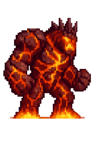 A towering lava golem with glowing molten veins running through its rocky body and a jagged obsidian crown atop its head. Styled in retro 8-bit pixel art, this side-scroller boss exudes fiery menace with a warm and vibrant color palette, perfect for a puzzle-themed showdown.