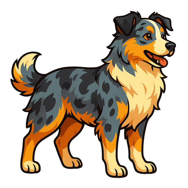 Cel-shaded side-scroller view of a blue merle Australian Shepherd named Aspen, designed as a loyal fantasy companion. The dog stands alone with no background, featuring a warm and vibrant color palette that highlights its friendly personality and distinct markings.