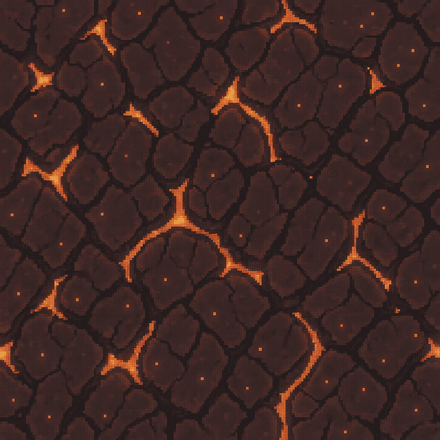 A top-down hand-painted seamless terrain texture depicting cracked lava rock with glowing fissures and scattered ember specks. Designed with a retro pixel aesthetic for stealth-themed game environments, combining volcanic heat with moody pixelated detail.