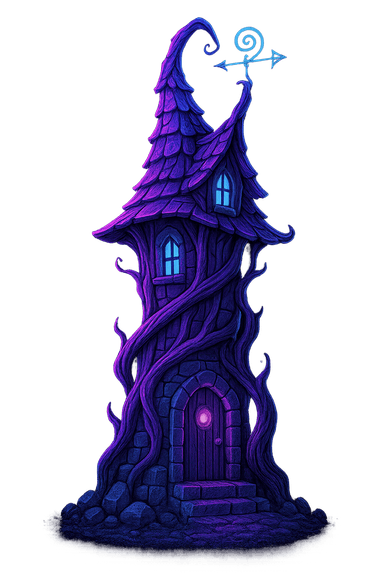 A front-view fantasy structure—a crooked wizard’s tower built from twisting wood and rugged stone, crowned with a swirling weather vane. Rendered in a realistic style with neon glow accents, giving the magical architecture an enchanting, otherworldly presence.