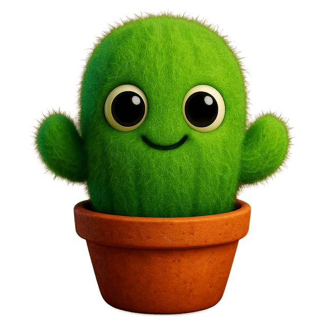 Front view of a fuzzy, spike-free cactus NPC with big googly eyes and a cheerful smile. Styled in a Pixar-like, high-contrast realistic look that emphasizes charm and simplicity.