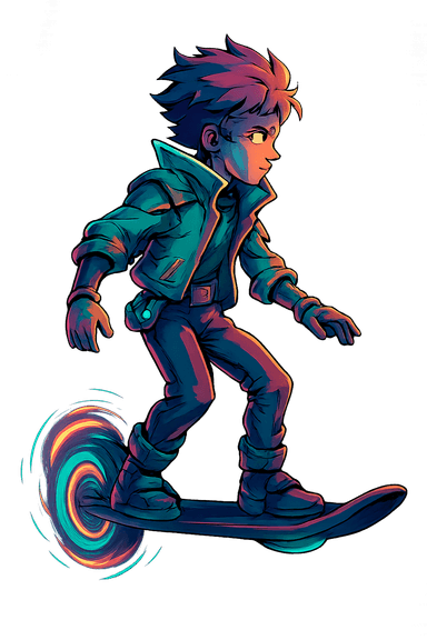 A side-scroller sprite of a cyber-fantasy boy riding a futuristic hoverboard powered by a glowing neon energy wheel. Rendered in a cel-shaded, anime-inspired style with vibrant neon glow accents, the character features dynamic posture, detailed clothing, and cinematic lighting for a poetic, electric visual.