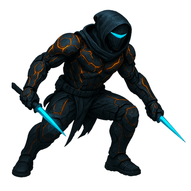 Isometric view of a masked cyberpunk ninja clad in glowing high-tech armor, dual-wielding plasma daggers and posed in a dynamic, ready-to-strike stance. Rendered in a realistic style with high-contrast lighting.
