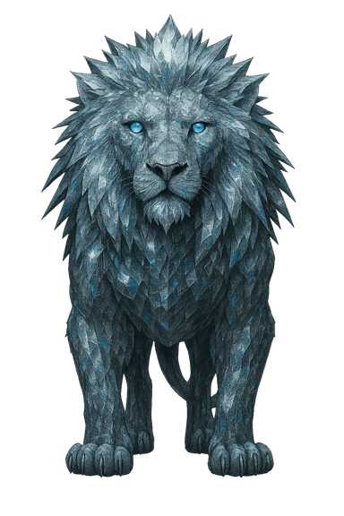A front-facing, ultra-detailed fantasy mount—a colossal lion entirely sculpted from dazzling diamonds. Its crystal-like mane refracts rainbow light, while glowing icy-blue eyes radiate regal power. Rendered in a realistic art style with cinematic lighting and intricate textures, perfect for high-fantasy game settings.