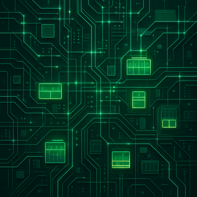A futuristic UI background texture in front view, featuring an abstract network of digital circuits and nodes in glowing emerald green. The design is hyper-detailed with subtle urban-inspired accents, perfect for sci-fi interfaces or HUD elements.