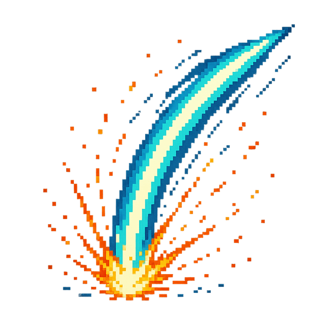 A top-down, retro 8-bit style sci-fi slash trail effect featuring high-contrast colors, motion blur, and bright energy sparks. Designed as an attack animation frame for fast-paced futuristic combat scenes.