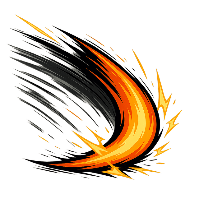 A high-contrast cel-shaded attack animation frame showing a dynamic slash trail in 3/4 view. The post-apocalyptic effect features sharp motion blur and crackling energy sparks, emphasizing speed and power. Rendered with bold lines and dramatic contrast, the slash is ideal for high-impact combat sequences in stylized action games.