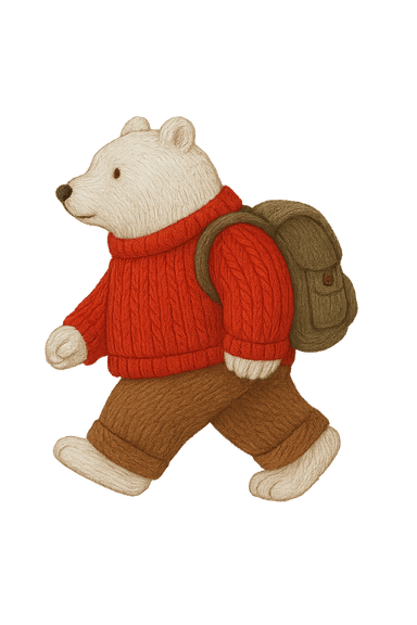 Side-scroller embroidery-style sprite of a polar bear in a red sweater and brown pants, carrying a backpack. Designed in muted oshare kei fashion using textured wool thread, ideal for platformer games.