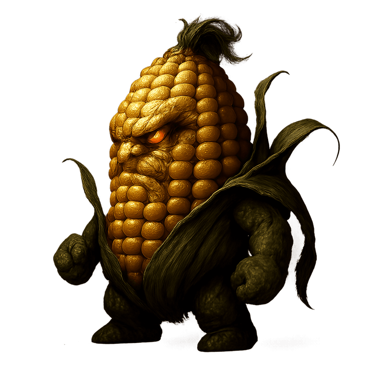 Side-scroller boss character of a sinister corncob named Cornball — fantasy-style creature with realistic textures, high contrast colors, and a menacing expression.