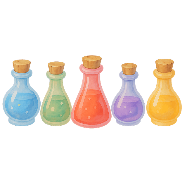 Hand-painted front view of five uniquely shaped fantasy potion bottles, each glowing softly and filled with vibrant pastel liquids in blue, green, red, purple, and gold. Displayed side-by-side with cork tops and no background, creating a cohesive consumable item set in a whimsical fantasy style.