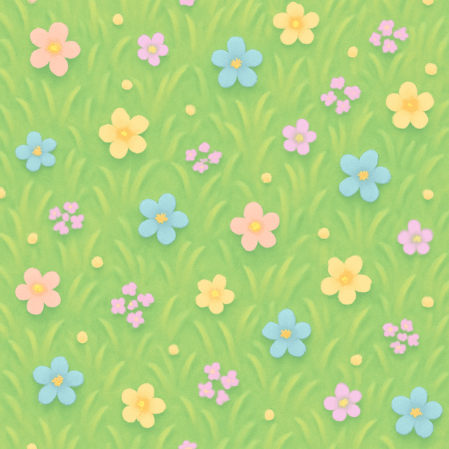 Seamless hand-painted terrain texture of a grassy field, featuring soft green blades and scattered pastel wildflowers. Designed in a cartoon-friendly style for farming sim games, viewed from a top-down perspective.