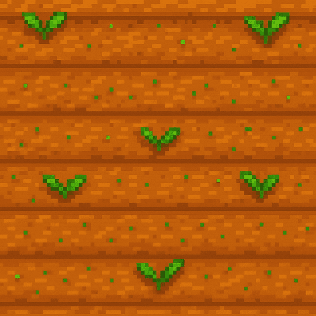 A seamless pixel art texture of freshly tilled, sunlit soil with tiny green sprouts emerging. Rendered in a warm and vibrant palette with a top-down perspective, perfect for farming simulation games seeking a retro aesthetic.
