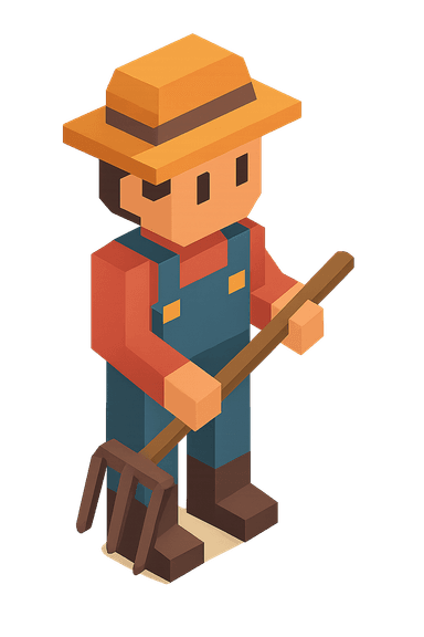 Isometric flat vector sprite of a playable farmer character for a retro-style farming sim. Designed with simple geometric shapes and a retro pixel-inspired color palette, ideal for use in cozy, nostalgic gameplay environments.