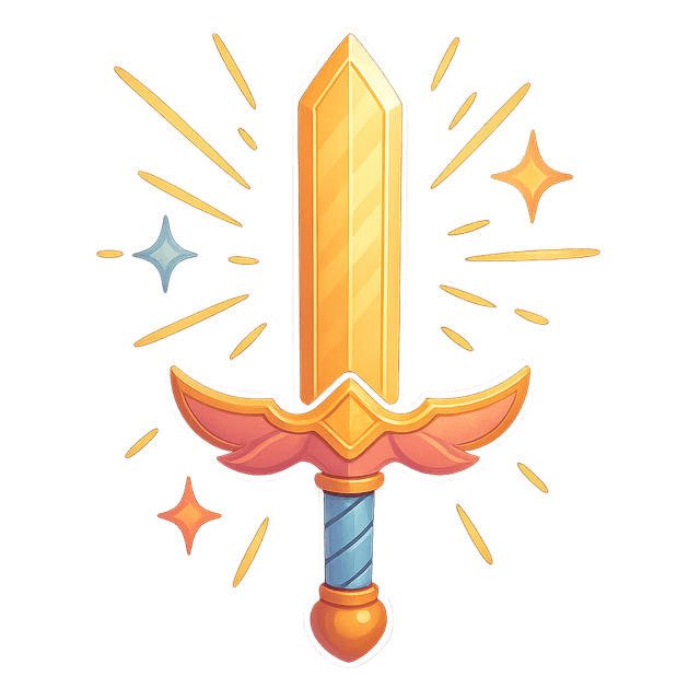 A cel-shaded golden sword floats mid-air in a side-scroller perspective, radiating with soft fantasy pastel tones. Designed to look epic and collectible, the weapon glows invitingly as if waiting to be acquired by the player. Ideal for medieval-themed platformer games.