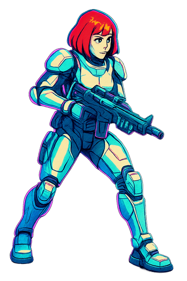 3/4 view cel-shaded sci-fi NPC of a soldier in sleek white futuristic combat armor, featuring a red bob haircut, neon glow accents, and a poised battle-ready stance.