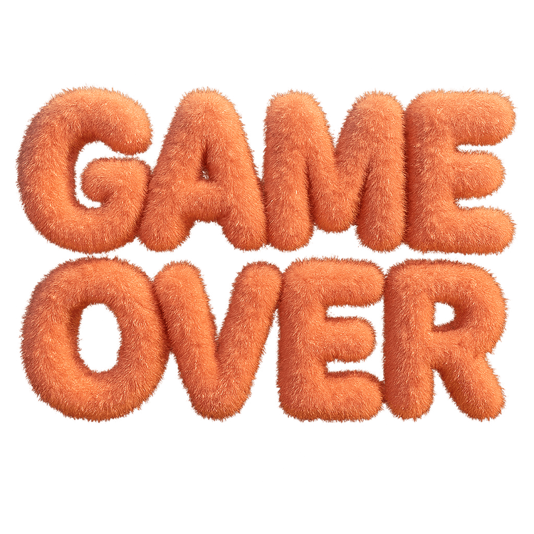 Realistic 3D 'GAME OVER' logo with soft orange fur-textured letters, sparkling glitter edges, and a warm, vibrant color palette in front view — perfect for puzzle games.