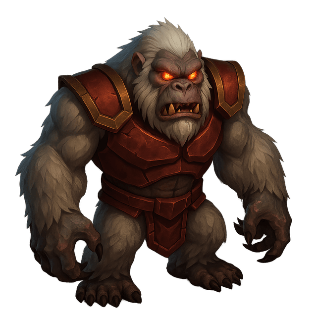 Isometric view of a giant white ape boss with a muscular humanoid frame, fiery red glowing eyes, sharp claws, and red armor. Rendered in a realistic style with moody lighting and detailed cartoon textures.