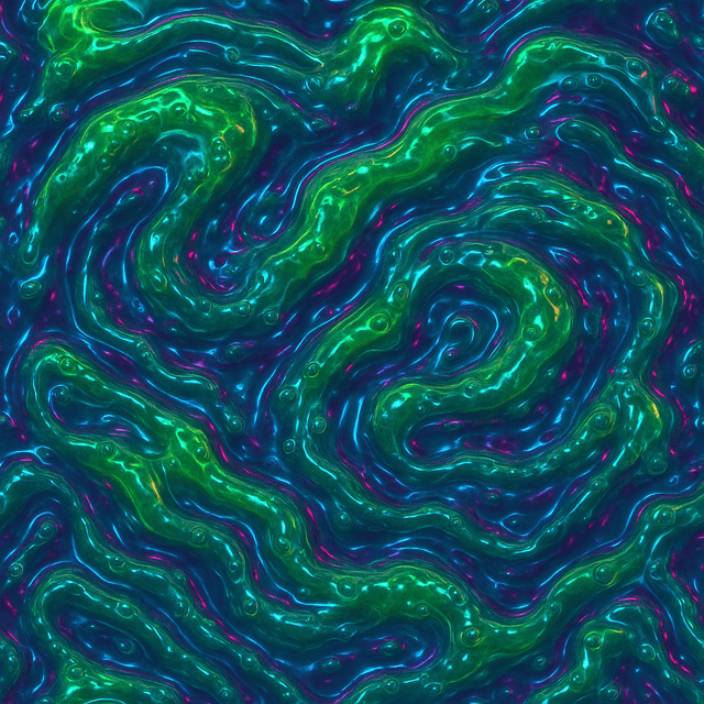 Top-down view of a realistic material texture featuring glistening alien slime with layered transparency, glowing neon hues, and subtle ripple-like depth—ideal for sci-fi game environments.