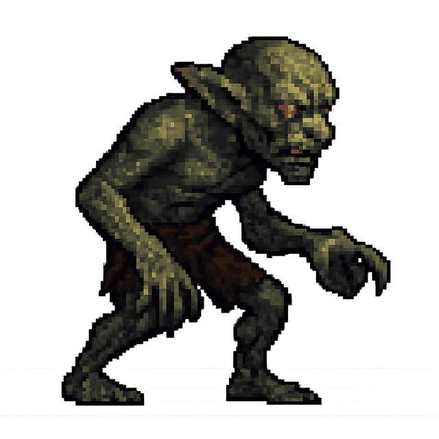 A side-scroller pixel art enemy sprite of a mutated goblin-like creature, warped by years in an irradiated wasteland. Its dark and moody palette and menacing stance convey a threatening yet moderately challenging foe the hero will encounter repeatedly.