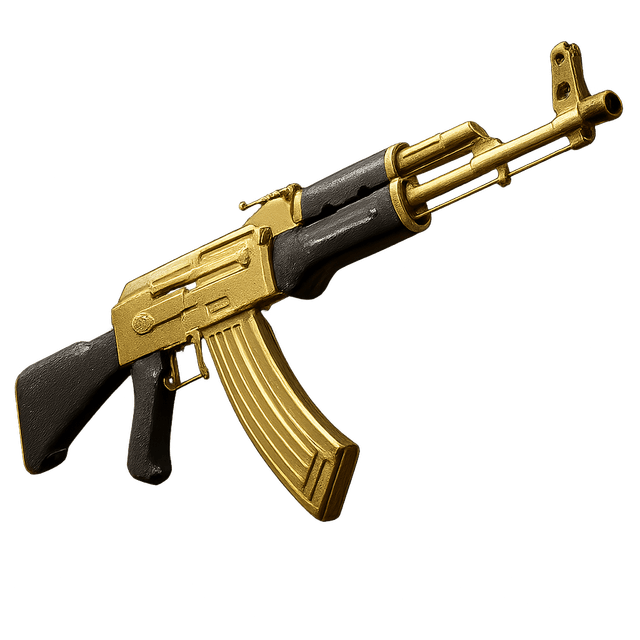 A realistic AK-47 rifle rendered in 3/4 view, featuring polished gold finishes on the barrel, receiver, and magazine. The weapon is detailed with metallic textures and sharp contrast, emphasizing its premium, modern military design.