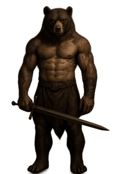 Realistic fantasy NPC of a half-man, half-bear hybrid with a muscular, shirtless build, piercing blue eyes, and dark, moody lighting. He grips a sword with a confident stance, exuding strength and primal power.