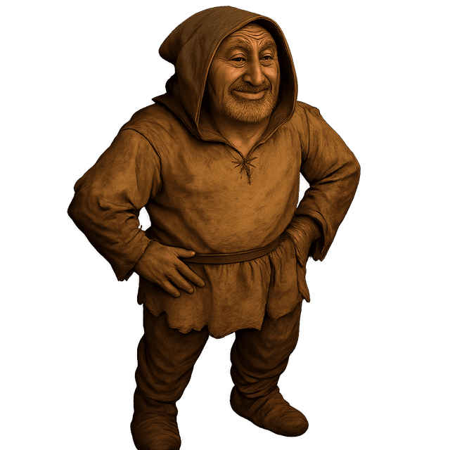 An isometric view of Bran, a cheerful medieval peasant NPC with a warm expression and worn, raggedy clothing. Despite his modest appearance, he radiates friendliness and approachability, perfect for delivering quests in a medieval game world. Rendered in a realistic art style with a high contrast color palette.