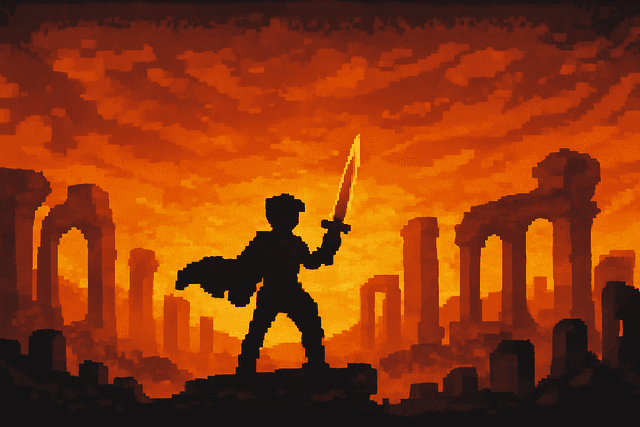 Pixel art title screen featuring a heroic figure silhouetted against a fiery, warm-toned sky. The hero stands front-facing with sword raised triumphantly, framed by crumbling ruins in the background. Rendered in a warm and vibrant palette, the scene evokes a classic platformer vibe with cinematic flair and retro charm.