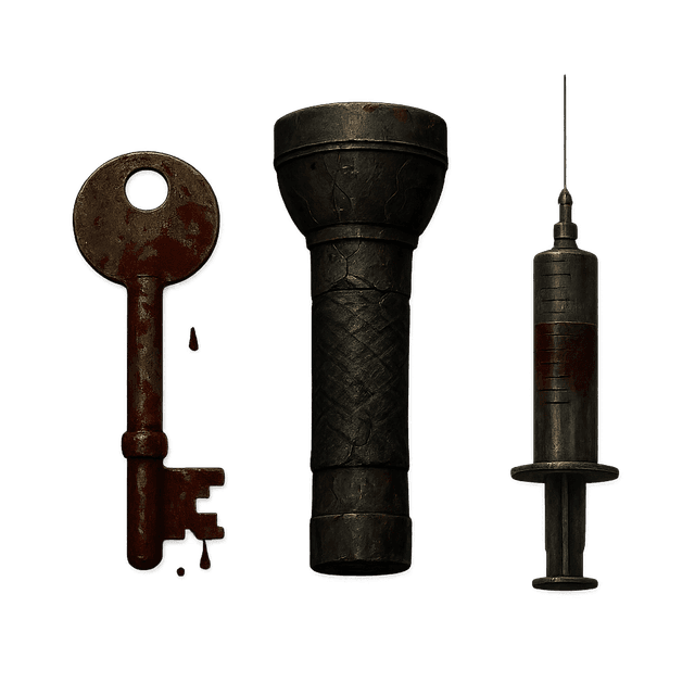 A gritty set of horror-themed inventory icons featuring a bloodied key, a cracked flashlight, and a used syringe. Each item is rendered in realistic detail with no overlapping elements, using a dark and moody color palette and a front-facing view to emphasize tension and atmosphere.