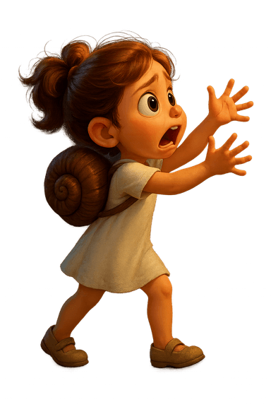 A 3D-rendered, Pixar-style humanoid girl character shown in side profile. She wears a simple white dress, beige shoes, and a snail shell backpack. Her large, round eyes and open mouth convey a pleading expression as she reaches upward with both hands. The lighting is cinematic, with a dramatic and high-contrast palette emphasizing her emotional pose.