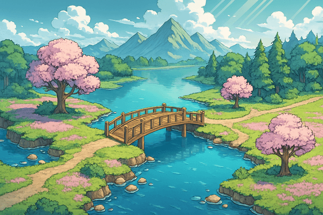 An anime-style isometric environment scene depicting a serene lake with a wooden bridge spanning its shore. In the background, majestic mountains rise beyond a lush forest and vibrant pink meadows, while soft sunlight filters through scattered clouds above. Rendered in a highly detailed, cool and calm color palette, the scene evokes a peaceful and adventurous atmosphere.