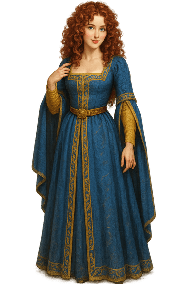 A front-facing medieval noblewoman with deep red ringlet curls, pale skin, and striking blue eyes. Dressed in elegant blue and gold attire, she exudes charm and flirtatious confidence. Rendered in a realistic art style with a warm and vibrant color palette, this Dungeons & Dragons-inspired NPC fits seamlessly into a noble court or fantasy tavern setting.