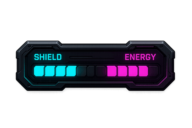 A sleek, futuristic status bar viewed from the front, featuring metallic textures and glowing segments that pulse to represent shield strength and energy levels. Designed in a realistic style with a vibrant neon glow palette, fitting the cyberpunk genre.