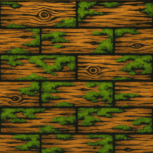 A hand-painted top-down texture of weathered wooden planks arranged in a seamless pattern, featuring mossy patches and detailed grain lines. Styled for a Western setting with high contrast tones, ideal for use as a loopable floor or wall surface in rustic game environments.