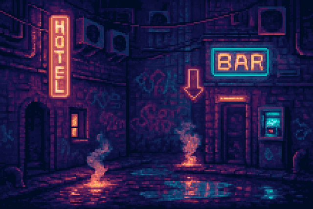 A pixel art environment scene showing a neon-drenched cyberpunk alleyway, complete with glowing puddles reflecting vibrant signage, steam rising from floor vents, and graffiti-covered walls. The front-facing perspective adds depth to the narrow urban passage, while the Retro Pixel palette gives it a gritty, nostalgic feel.