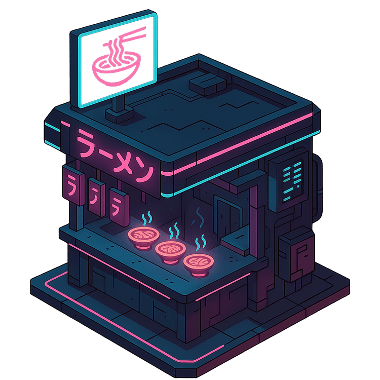 Isometric cyberpunk ramen shop with cel-shaded art style — glowing neon signs, holographic displays, and illuminated ramen bowls in a futuristic vendor stall.