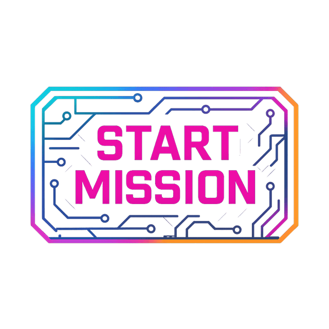 A front-facing, cel-shaded cyberpunk button labeled 'Start Mission', designed with a rectangular shape, glowing neon edges, and a subtle circuit pattern overlay. Perfect for futuristic or sci-fi game interfaces.
