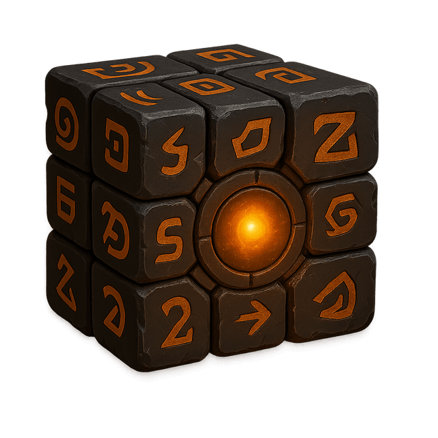 Front view of a realistic obsidian puzzle cube, featuring rotating glyphs and a glowing core. Rendered with warm, vibrant highlights to emphasize its mystical, interactive nature.