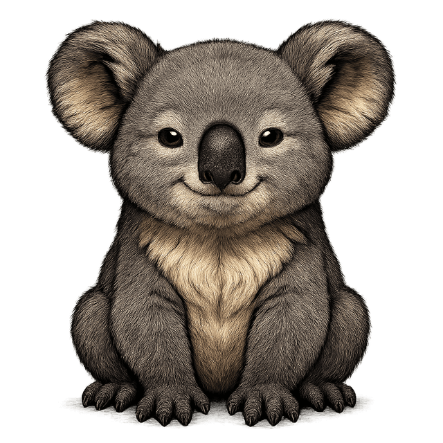 Front view realistic depiction of a baby koala with soft fur, bright eyes, and a peaceful smile, styled for a cartoon adventure setting with high-contrast detail.