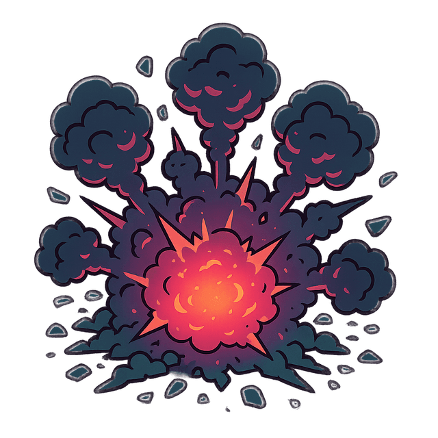 Cel-shaded top-down explosion effect for a post-apocalyptic game, featuring glowing smoke plumes and scattered debris in a neon glow color palette.