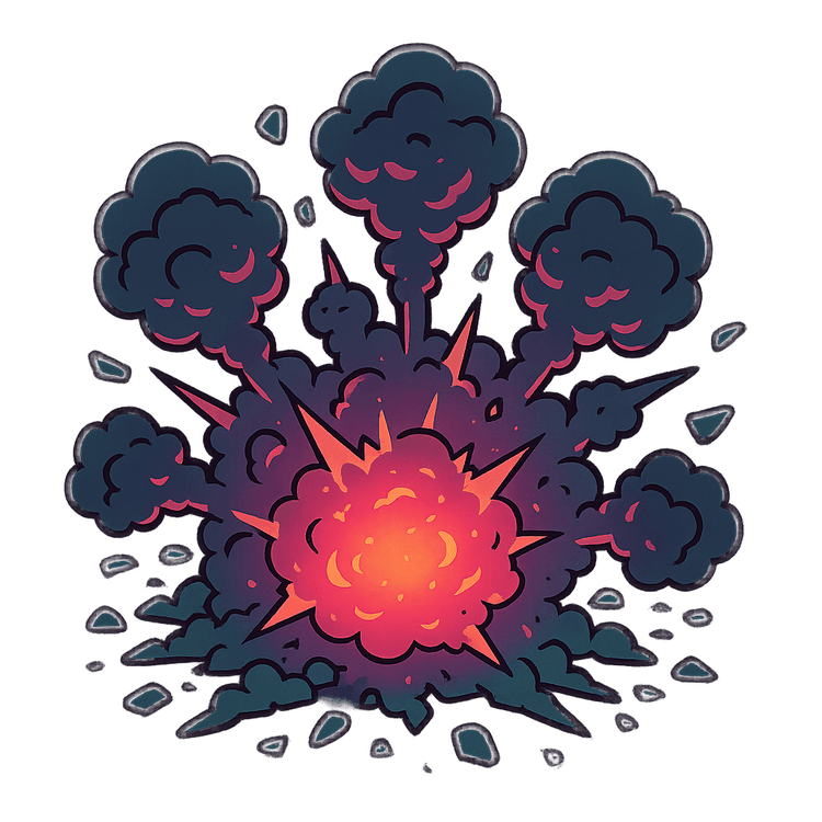 Cel-shaded top-down explosion effect for a post-apocalyptic game, featuring glowing smoke plumes and scattered debris in a neon glow color palette.