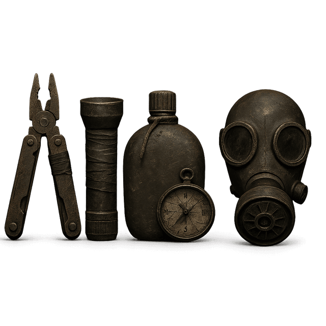 A set of five gritty, post-apocalyptic survival items rendered in realistic style and displayed in front view: a rusty multitool, duct-taped flashlight, worn-out canteen, cracked compass, and a weathered gas mask. Each item is presented separately with no overlapping, featuring dark, moody tones and weathered textures that reflect a harsh, desolate world.