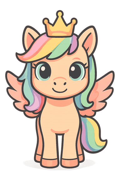 Front-facing illustration of a cute, young rainbow-colored pony with wings and a golden crown, featuring large expressive eyes and a playful, cartoon-inspired design. Styled in soft fantasy pastels and designed as a magical companion or mount for fantasy games.