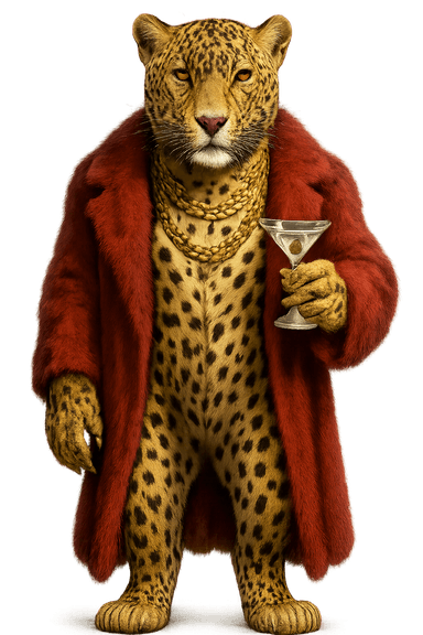 Full-body, hyper-realistic leopard boss character wearing a luxurious red fur coat, gold chains, and gold nails, holding a martini glass. Features ultra-detailed textures in the leopard’s face and pelt, with high-contrast lighting and fantasy flair.