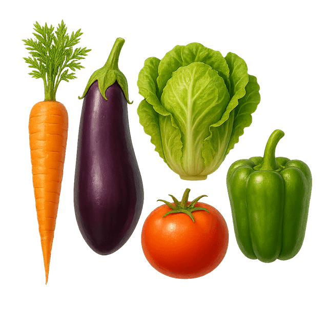 Front view of five realistic farming sim vegetables — carrot, eggplant, lettuce, tomato, and green pepper — clearly separated, designed as consumable inventory items in a warm and vibrant color palette.
