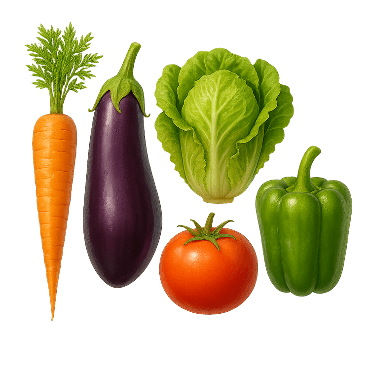 Front view of five realistic farming sim vegetables — carrot, eggplant, lettuce, tomato, and green pepper — clearly separated, designed as consumable inventory items in a warm and vibrant color palette.