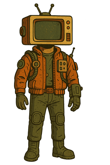 A stylized NPC character with a retro television for a head, outfitted in playful cybernetic gear and dieselpunk gadgets. Rendered in a realistic art style with an earthy color palette, the figure stands in a front-facing pose, channeling a Cowboy Bebop-inspired space-poster aesthetic. The character blends futuristic robotics with nostalgic stencil-like design elements for a unique, sci-fi look.